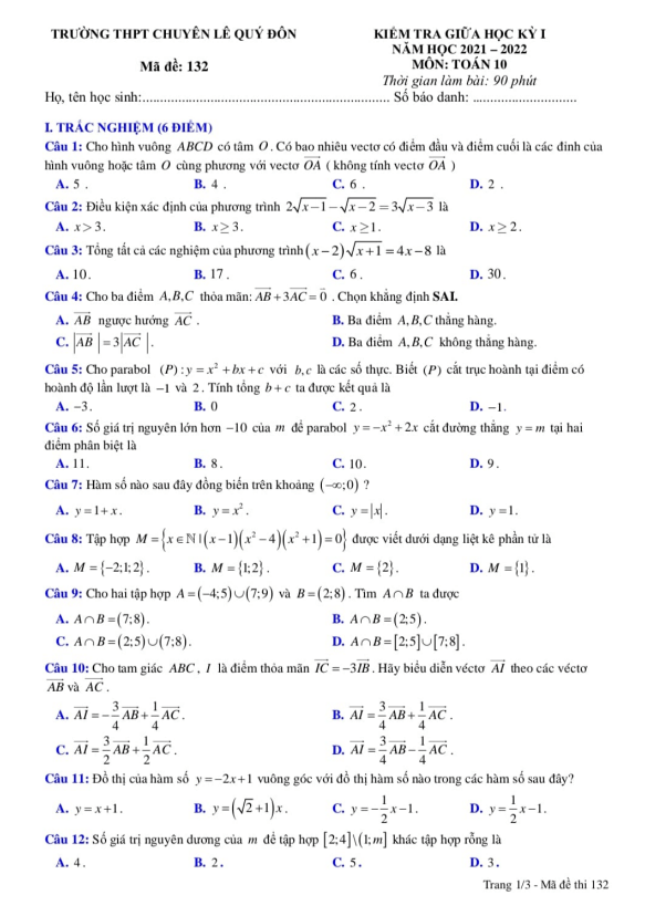 Đề thi giữa học kì 1 (HK1) lớp 10 môn Toán năm 2021 2022 trường chuyên Lê Quý Đôn Khánh Hòa