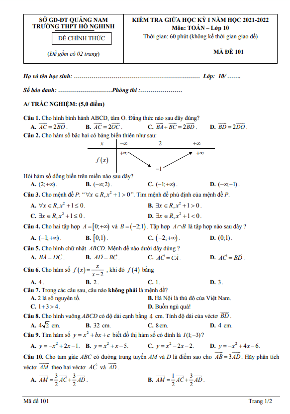 Đề thi giữa học kì 1 (HK1) lớp 10 môn Toán năm 2021 2022 trường THPT Hồ Nghinh Quảng Nam