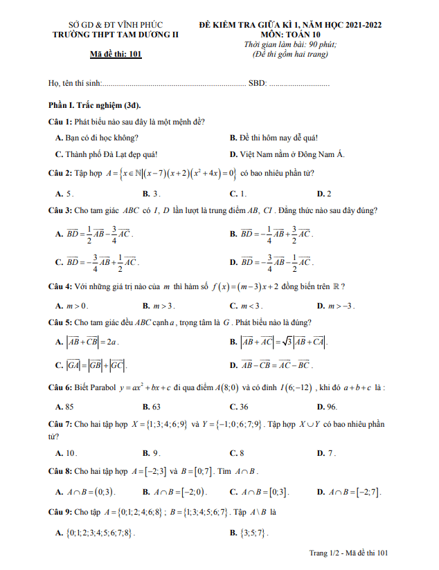 Đề thi giữa học kì 1 (HK1) lớp 10 môn Toán năm 2021 2022 trường THPT Tam Dương 2 Vĩnh Phúc