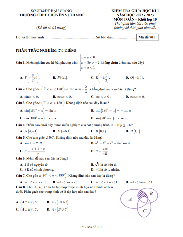 Đề thi giữa học kì 1 (HK1) lớp 10 môn Toán năm 2022 2023 trường chuyên Vị Thanh Hậu Giang