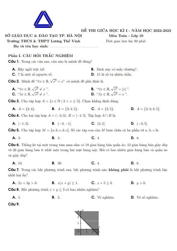 Đề thi giữa học kì 1 (HK1) lớp 10 môn Toán năm 2022 2023 trường Lương Thế Vinh Hà Nội