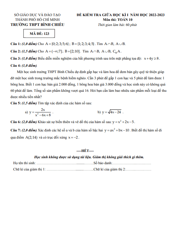 Đề thi giữa học kì 1 (HK1) lớp 10 môn Toán năm 2022 2023 trường THPT Bình Chiểu TP HCM