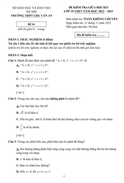 Đề thi giữa học kì 1 (HK1) lớp 10 môn Toán năm 2022 2023 trường THPT Chu Văn An Hà Nội