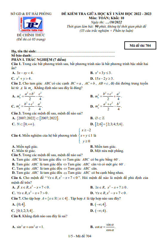 Đề thi giữa học kì 1 (HK1) lớp 10 môn Toán năm 2022 2023 trường THPT chuyên Trần Phú Hải Phòng