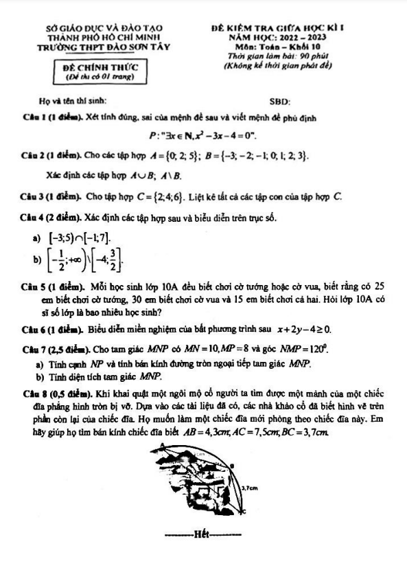 Đề thi giữa học kì 1 (HK1) lớp 10 môn Toán năm 2022 2023 trường THPT Đào Sơn Tây TP HCM