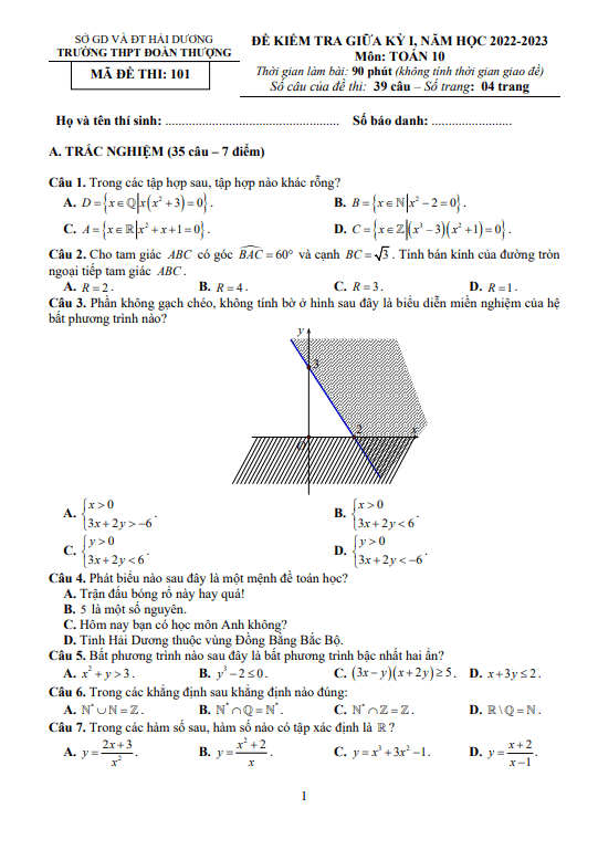 Đề thi giữa học kì 1 (HK1) lớp 10 môn Toán năm 2022 2023 trường THPT Đoàn Thượng Hải Dương