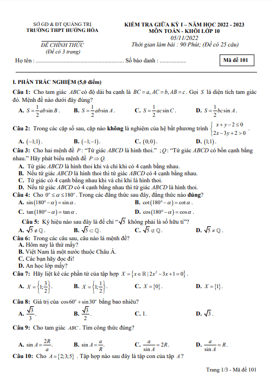 Đề thi giữa học kì 1 (HK1) lớp 10 môn Toán năm 2022 2023 trường THPT Hướng Hóa Quảng Trị