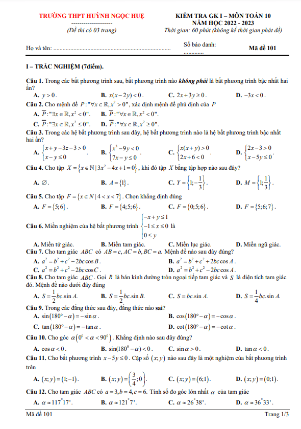 Đề thi giữa học kì 1 (HK1) lớp 10 môn Toán năm 2022 2023 trường THPT Huỳnh Ngọc Huệ Quảng Nam