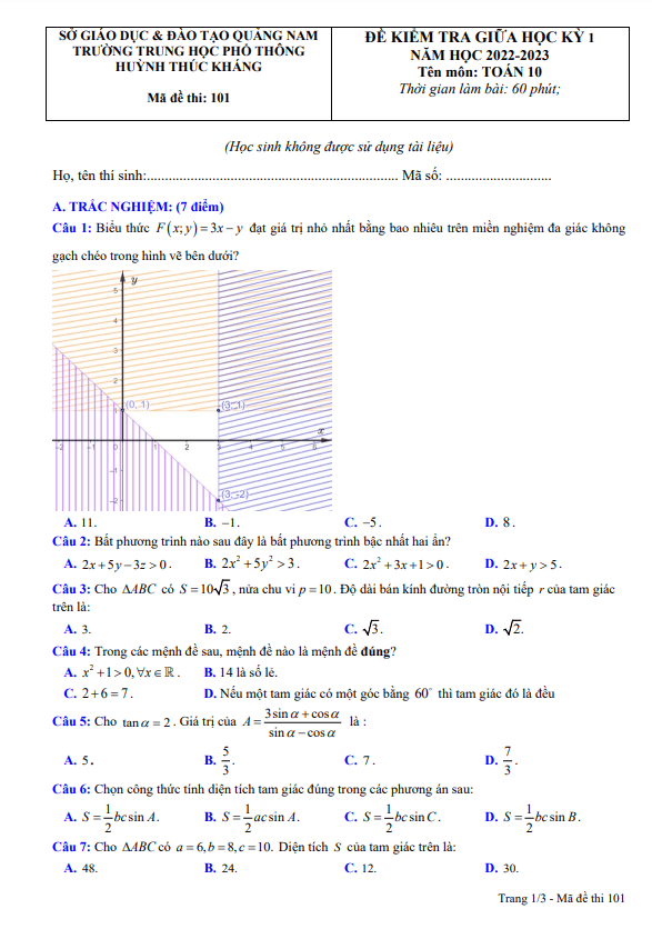 Đề thi giữa học kì 1 (HK1) lớp 10 môn Toán năm 2022 2023 trường THPT Huỳnh Thúc Kháng Quảng Nam