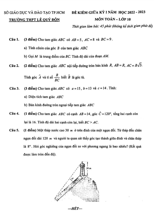 Đề thi giữa học kì 1 (HK1) lớp 10 môn Toán năm 2022 2023 trường THPT Lê Quý Đôn TP HCM