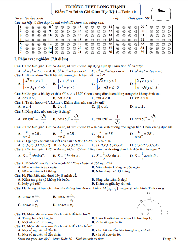 Đề thi giữa học kì 1 (HK1) lớp 10 môn Toán năm 2022 2023 trường THPT Long Thạnh Kiên Giang