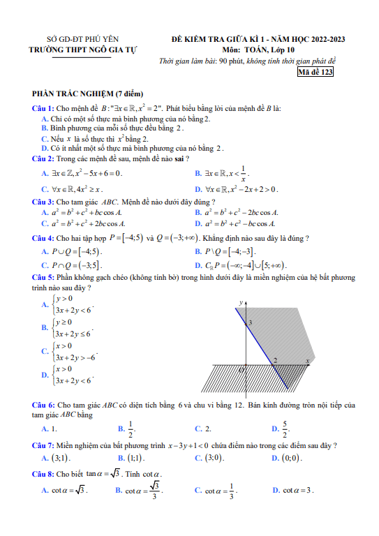 Đề thi giữa học kì 1 (HK1) lớp 10 môn Toán năm 2022 2023 trường THPT Ngô Gia Tự Phú Yên