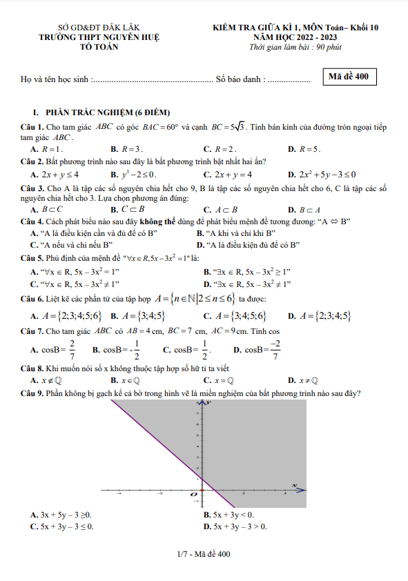 Đề thi giữa học kì 1 (HK1) lớp 10 môn Toán năm 2022 2023 trường THPT Nguyễn Huệ Đắk Lắk