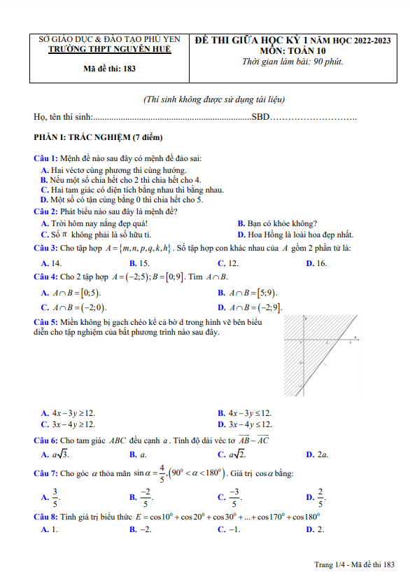 Đề thi giữa học kì 1 (HK1) lớp 10 môn Toán năm 2022 2023 trường THPT Nguyễn Huệ Phú Yên