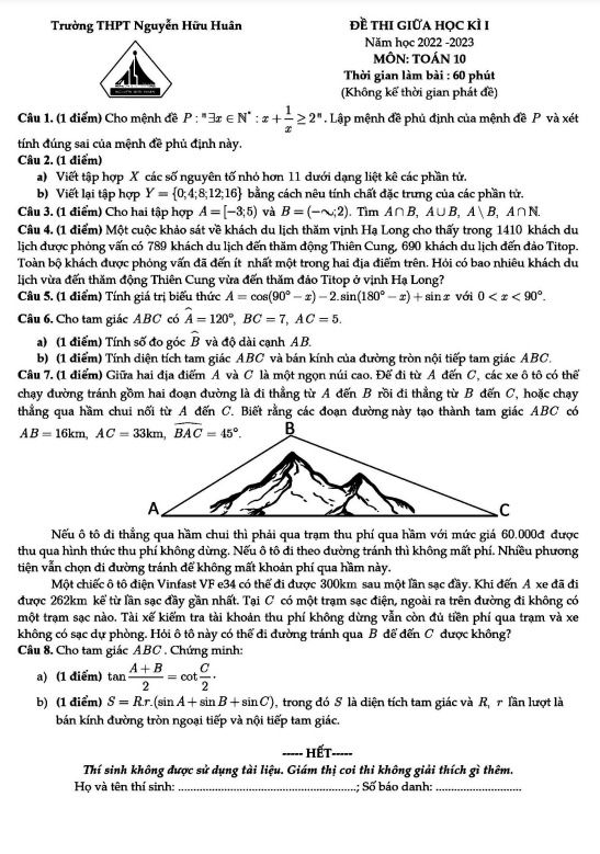 Đề thi giữa học kì 1 (HK1) lớp 10 môn Toán năm 2022 2023 trường THPT Nguyễn Hữu Huân TP HCM