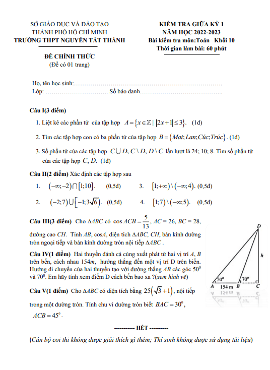 Đề thi giữa học kì 1 (HK1) lớp 10 môn Toán năm 2022 2023 trường THPT Nguyễn Tất Thành TP HCM