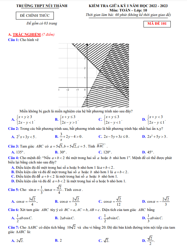Đề thi giữa học kì 1 (HK1) lớp 10 môn Toán năm 2022 2023 trường THPT Núi Thành Quảng Nam