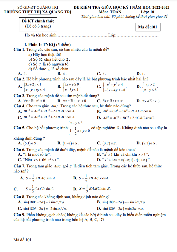 Đề thi giữa học kì 1 (HK1) lớp 10 môn Toán năm 2022 2023 trường THPT Thị xã Quảng Trị