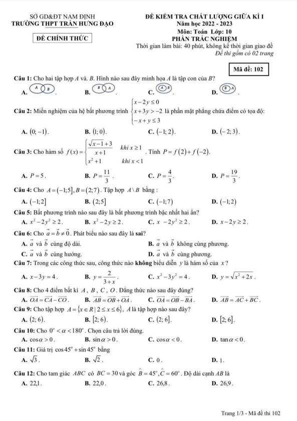 Đề thi giữa học kì 1 (HK1) lớp 10 môn Toán năm 2022 2023 trường THPT Trần Hưng Đạo Nam Định