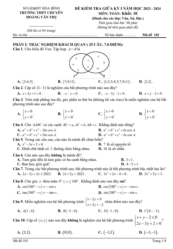 Đề thi giữa học kì 1 (HK1) lớp 10 môn Toán năm 2023 2024 trường chuyên Hoàng Văn Thụ Hòa Bình