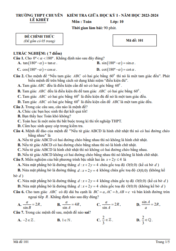 Đề thi giữa học kì 1 (HK1) lớp 10 môn Toán năm 2023 2024 trường chuyên Lê Khiết Quảng Ngãi