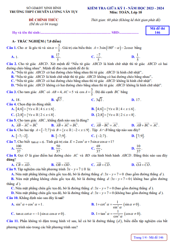 Đề thi giữa học kì 1 (HK1) lớp 10 môn Toán năm 2023 2024 trường chuyên Lương Văn Tụy Ninh Bình