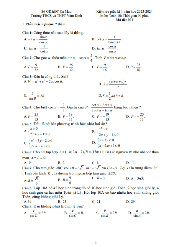 Đề thi giữa học kì 1 (HK1) lớp 10 môn Toán năm 2023 2024 trường THCS THPT Vàm Đình Cà Mau