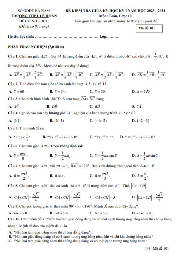 Đề thi giữa học kì 1 (HK1) lớp 10 môn Toán năm 2023 2024 trường THPT Lê Hoàn Hà Nam