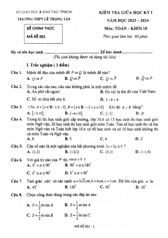 Đề thi giữa học kì 1 (HK1) lớp 10 môn Toán năm 2023 2024 trường THPT Lê Trọng Tấn TP HCM