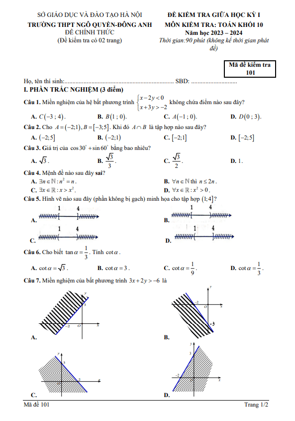 Đề thi giữa học kì 1 (HK1) lớp 10 môn Toán năm 2023 2024 trường THPT Ngô Quyền Hà Nội