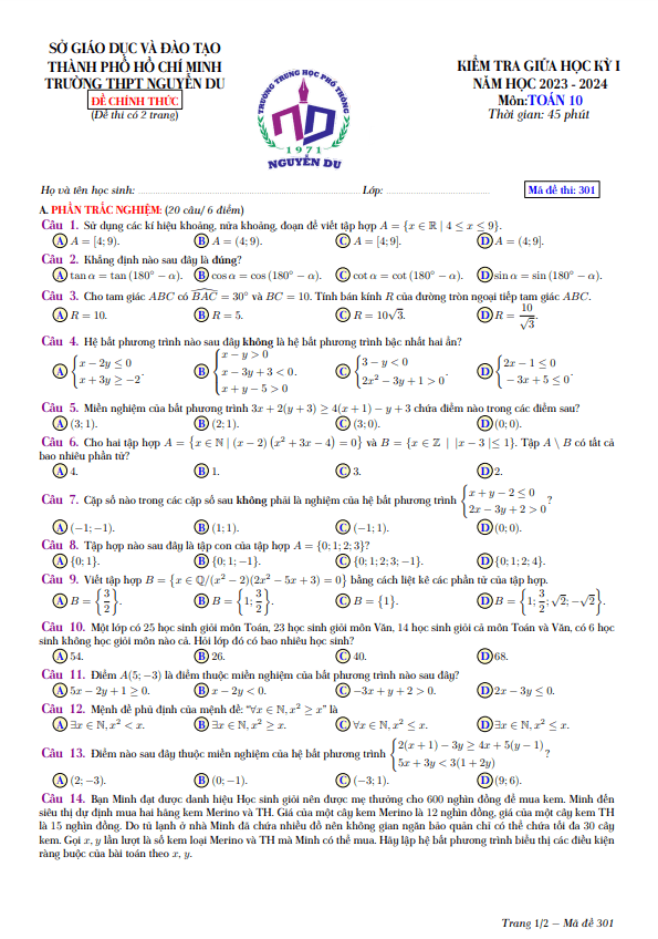 Đề thi giữa học kì 1 (HK1) lớp 10 môn Toán năm 2023 2024 trường THPT Nguyễn Du TP HCM