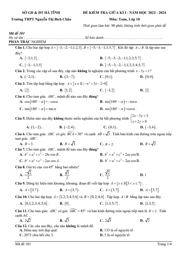 Đề thi giữa học kì 1 (HK1) lớp 10 môn Toán năm 2023 2024 trường THPT Nguyễn Thị Bích Châu Hà Tĩnh