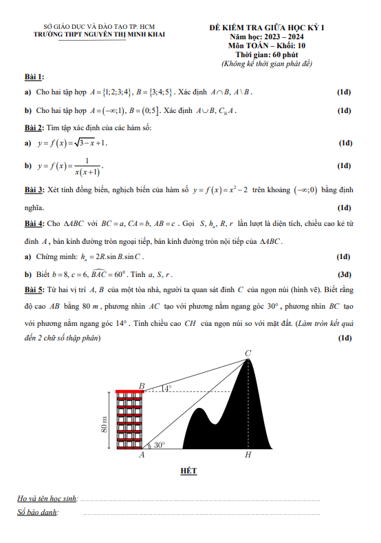Đề thi giữa học kì 1 (HK1) lớp 10 môn Toán năm 2023 2024 trường THPT Nguyễn Thị Minh Khai TP HCM