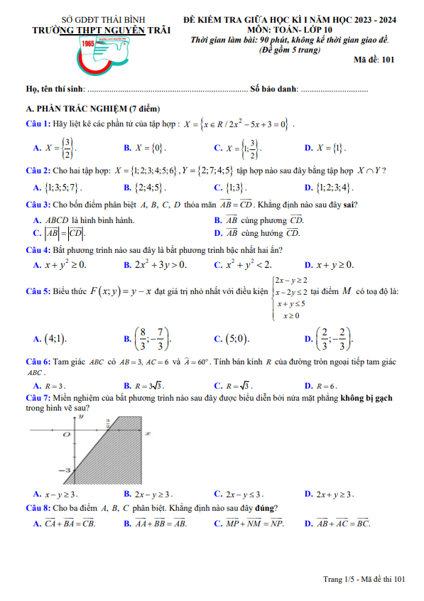 Đề thi giữa học kì 1 (HK1) lớp 10 môn Toán năm 2023 2024 trường THPT Nguyễn Trãi Thái Bình