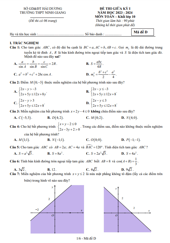 Đề thi giữa học kì 1 (HK1) lớp 10 môn Toán năm 2023 2024 trường THPT Ninh Giang Hải Dương