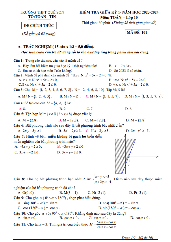 Đề thi giữa học kì 1 (HK1) lớp 10 môn Toán năm 2023 2024 trường THPT Quế Sơn Quảng Nam