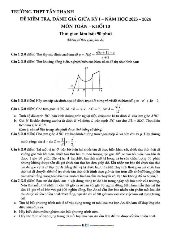 Đề thi giữa học kì 1 (HK1) lớp 10 môn Toán năm 2023 2024 trường THPT Tây Thạnh TP HCM