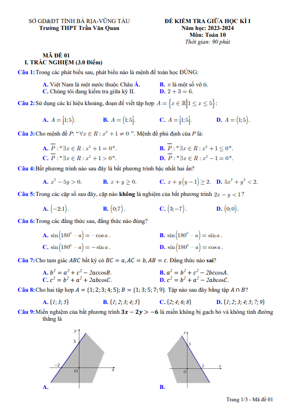 Đề thi giữa học kì 1 (HK1) lớp 10 môn Toán năm 2023 2024 trường THPT Trần Văn Quan BR VT