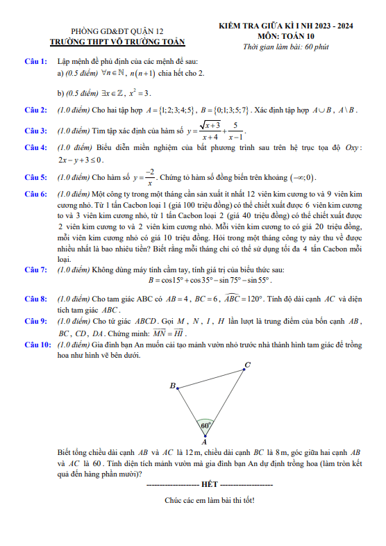 Đề thi giữa học kì 1 (HK1) lớp 10 môn Toán năm 2023 2024 trường THPT Võ Trường Toản TP HCM