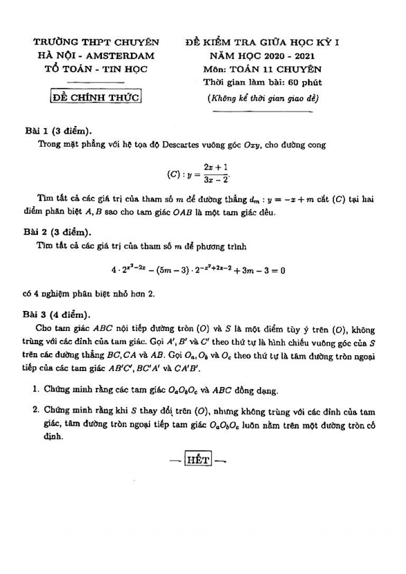 Đề thi giữa học kì 1 (HK1) lớp 11 môn Toán chuyên năm 2020 2021 trường chuyên Hà Nội Amsterdam