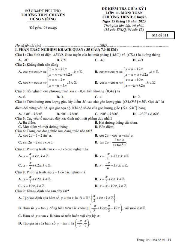 Đề thi giữa học kì 1 (HK1) lớp 11 môn Toán chuyên năm 2023 2024 trường chuyên Hùng Vương Phú Thọ