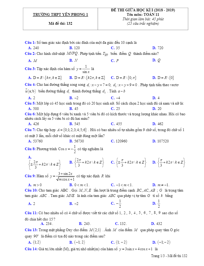 Đề thi giữa học kì 1 (HK1) lớp 11 môn Toán năm 2018 2019 trường Yên Phong 1 Bắc Ninh