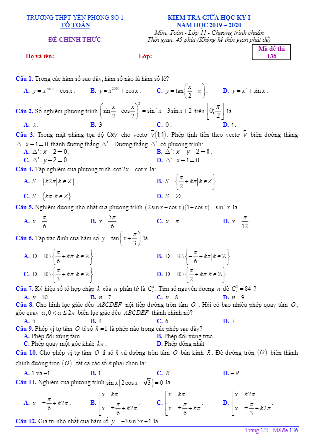 Đề thi giữa học kì 1 (HK1) lớp 11 môn Toán năm 2019 2020 trường THPT Yên Phong 1 Bắc Ninh
