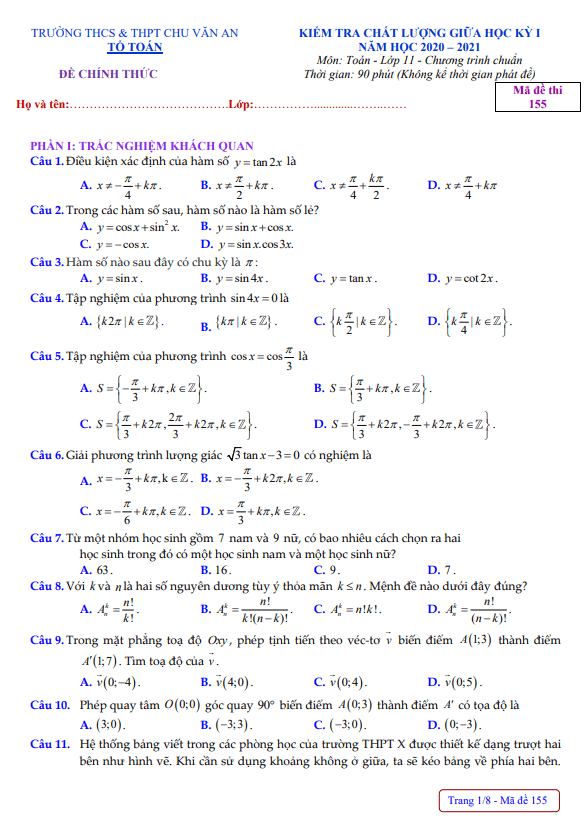 Đề thi giữa học kì 1 (HK1) lớp 11 môn Toán năm 2020 2021 trường Chu Văn An Phú Yên