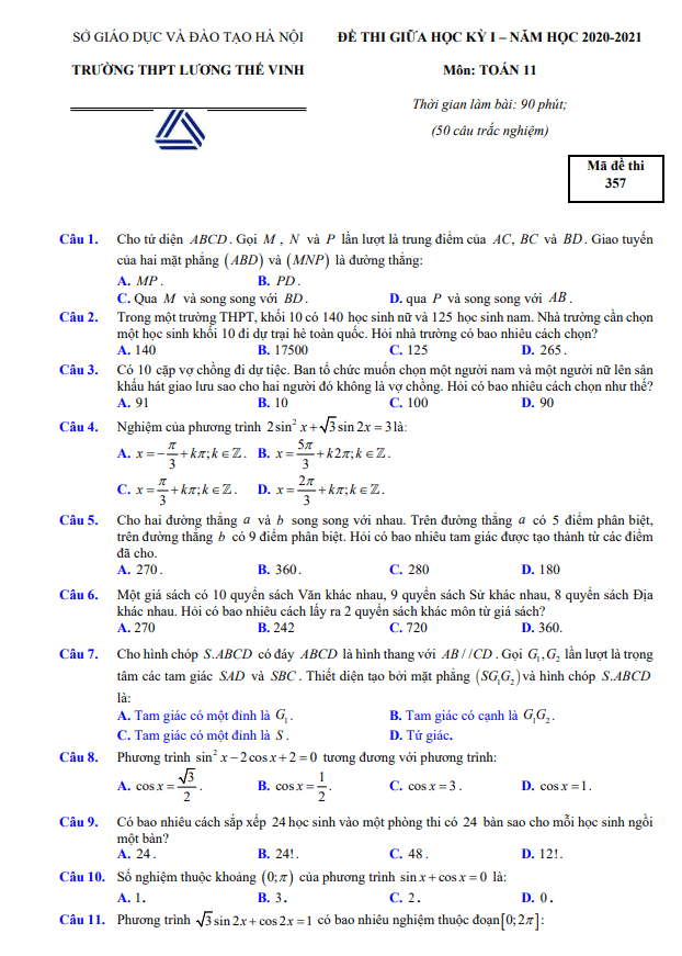 Đề thi giữa học kì 1 (HK1) lớp 11 môn Toán năm 2020 2021 trường Lương Thế Vinh Hà Nội