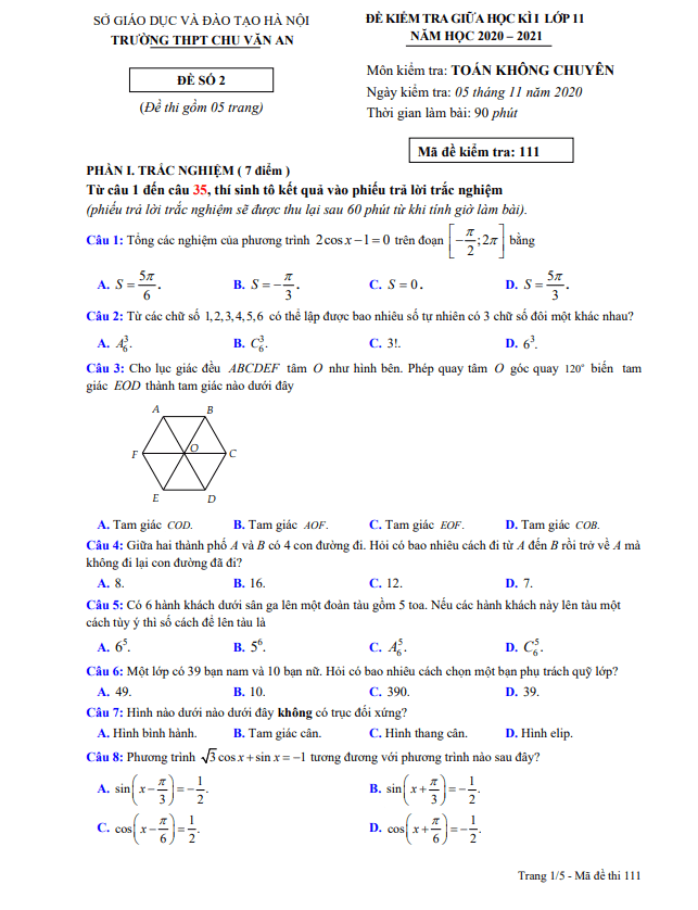 Đề thi giữa học kì 1 (HK1) lớp 11 môn Toán năm 2020 2021 trường THPT Chu Văn An Hà Nội