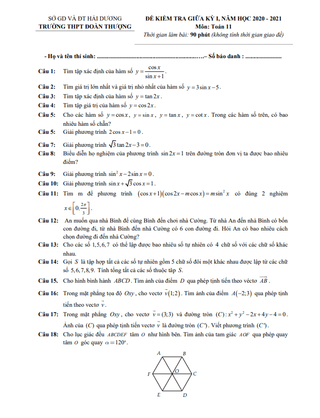 Đề thi giữa học kì 1 (HK1) lớp 11 môn Toán năm 2020 2021 trường THPT Đoàn Thượng Hải Dương
