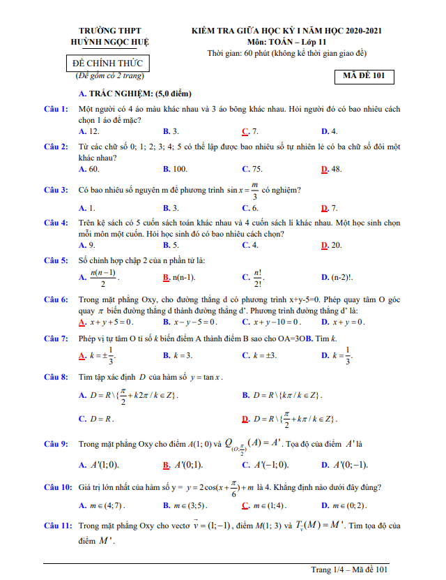 Đề thi giữa học kì 1 (HK1) lớp 11 môn Toán năm 2020 2021 trường THPT Huỳnh Ngọc Huệ Quảng Nam