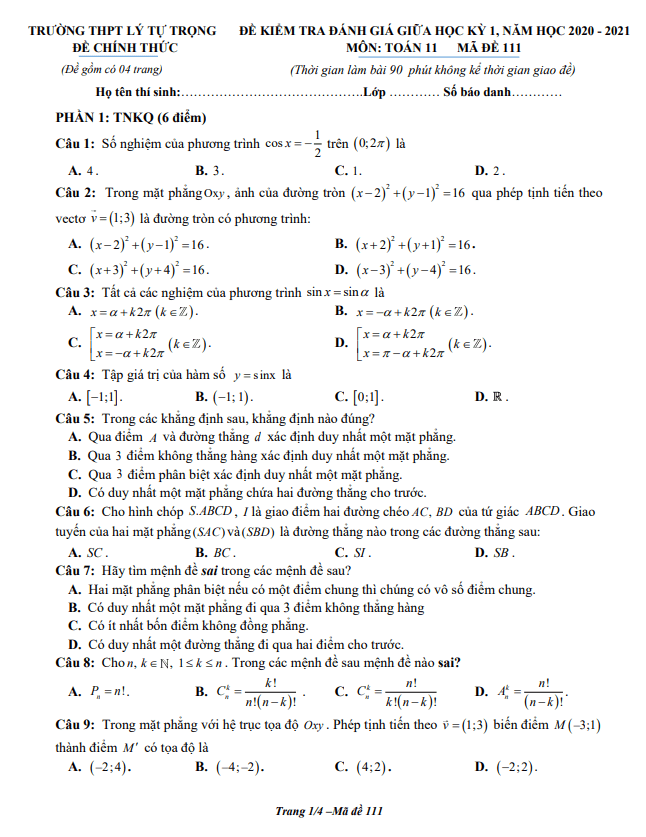 Đề thi giữa học kì 1 (HK1) lớp 11 môn Toán năm 2020 2021 trường THPT Lý Tự Trọng Hà Tĩnh