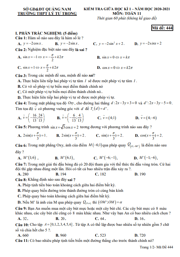 Đề thi giữa học kì 1 (HK1) lớp 11 môn Toán năm 2020 2021 trường THPT Lý Tự Trọng Quảng Nam